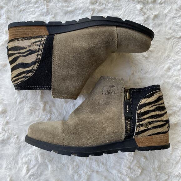 Sorel Women’s Major Boots Size 9 Zebra Print Taupe Suede Wedge Ankle Booties - Picture 1 of 15